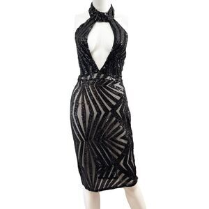 Auditions Black Sheer Sequined Knee Length Dress - Size L